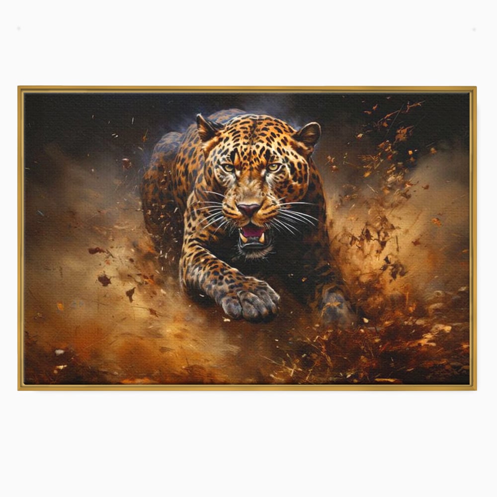 Tablou canvas cu tablou canvas cu leopard in alergare, in rama de aluminiu auriu